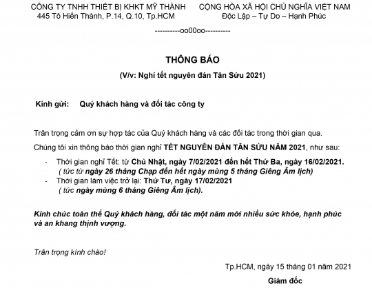  THÔNG BÁO NGHỈ TẾT TÂN SỬU 2021